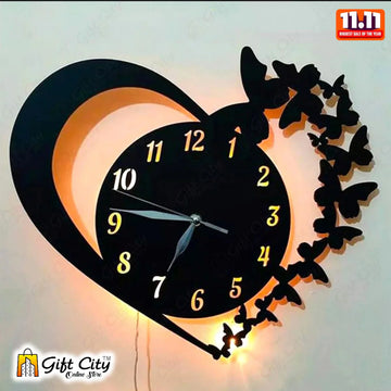 Heart Shape Wooden Wall Clock With Premium Light For Living Room, Offi