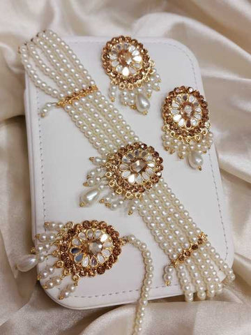 Pearl White Jewelry Set with Golden Finish - Choker Necklace, Earrings, and Bindia Jewellery Set |